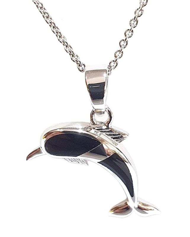 Picture of DOLPHIN PENDANT, BLACK AGATE INLAY, 20mm LONG with chain